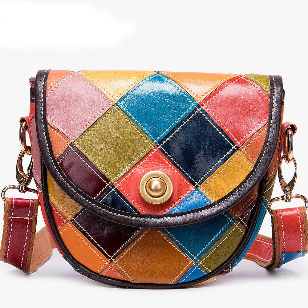 100% Genuine Leather Bags Colorful Blocks Patchwork Women's Sling Shoulder Bag