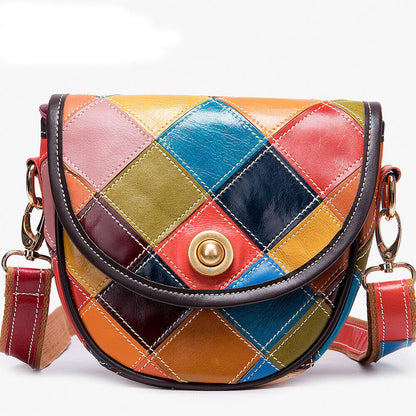 100% Genuine Leather Bags Colorful Blocks Patchwork Women's Sling Shoulder Bag