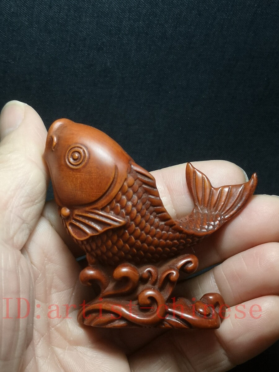Japanese Rare Boxwood Hand Carved Lovely Fish Figure Statue Netsuke Collect Gift