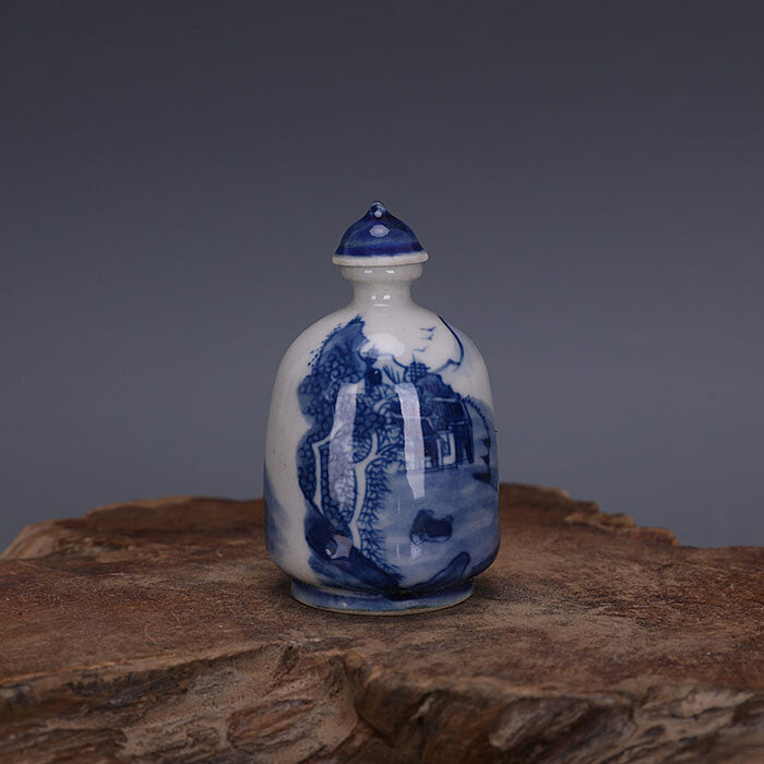 62MM Good China Blue and White Porcelain Ancient Town Hill Water Snuff Bottles 6