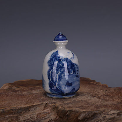 62MM Good China Blue and White Porcelain Ancient Town Hill Water Snuff Bottles 6