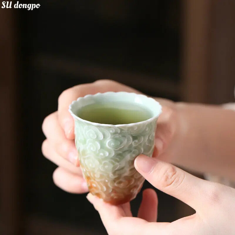 Yue Kiln Celadon Relief Gradient Color Tea Cup Carved Tea Bowl Chinese Ceramic