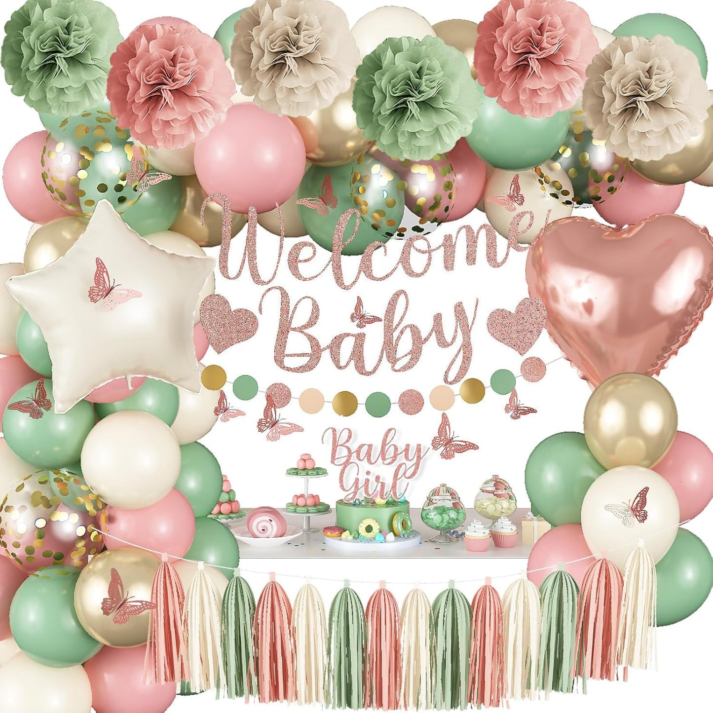 Baby in Bloom Baby Shower Decorations, Sage Green Dusty Blush Pink Gold Sand Whi