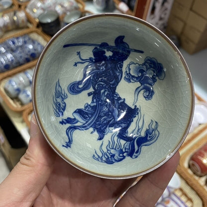 3.7" Chinese Jingdezhen Blue and White Porcelain Handsome Monkey King Cup
