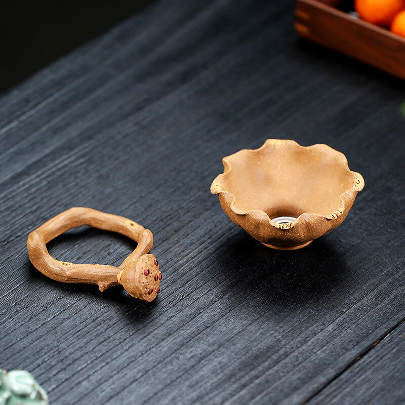 Handmade Artware Real Yixing Zisha Duan Clay Lotus Carved Tea Filter Net Holder
