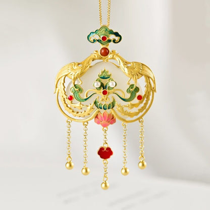 Natural Haitian Jade Palace Style Enamel Porcelain Phoenix Pendant Luxury Tassel -