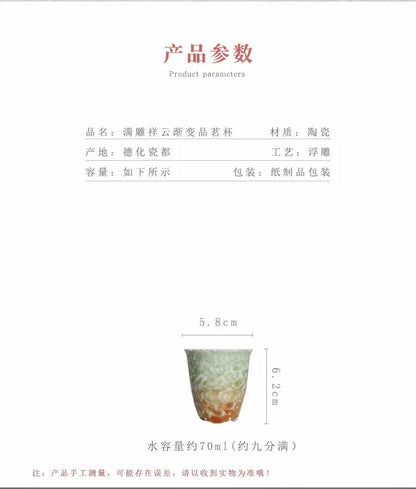 Yue Kiln Celadon Relief Gradient Color Tea Cup Carved Tea Bowl Chinese Ceramic
