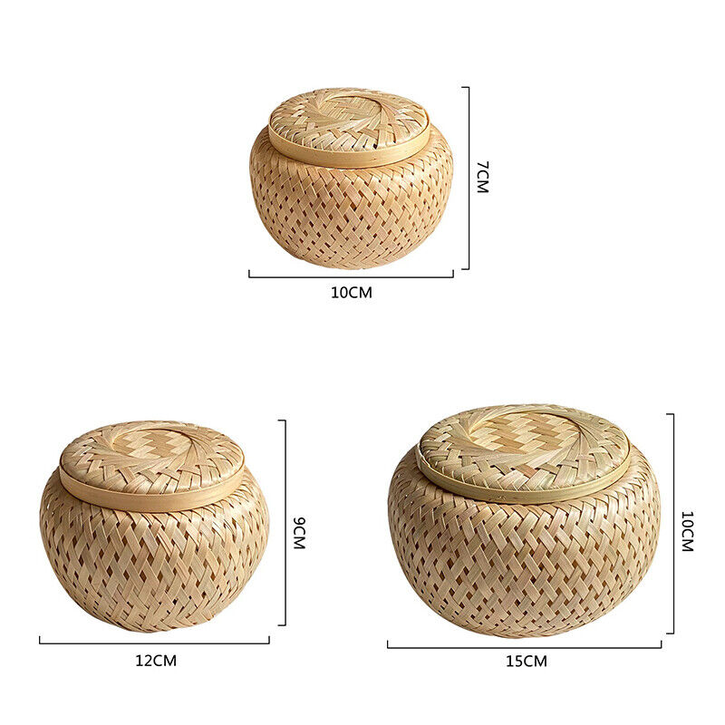 Bamboo Storage Basket with Cover Handmade Tea Woven Basket Tabletop Storage Box