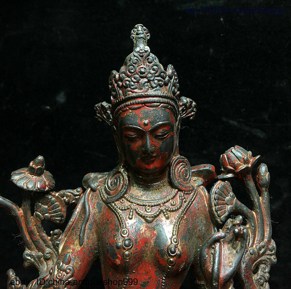 Old Dynasty China Buddhism Tibet Temple Bronze Green Tara Kwan-Yin Buddha Statue