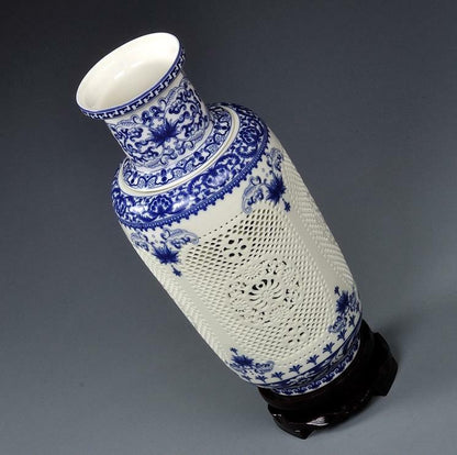 ChinaPorcelainBlue-and-white Hollow Ceramics Double-deck Flower Wooden Club Vase