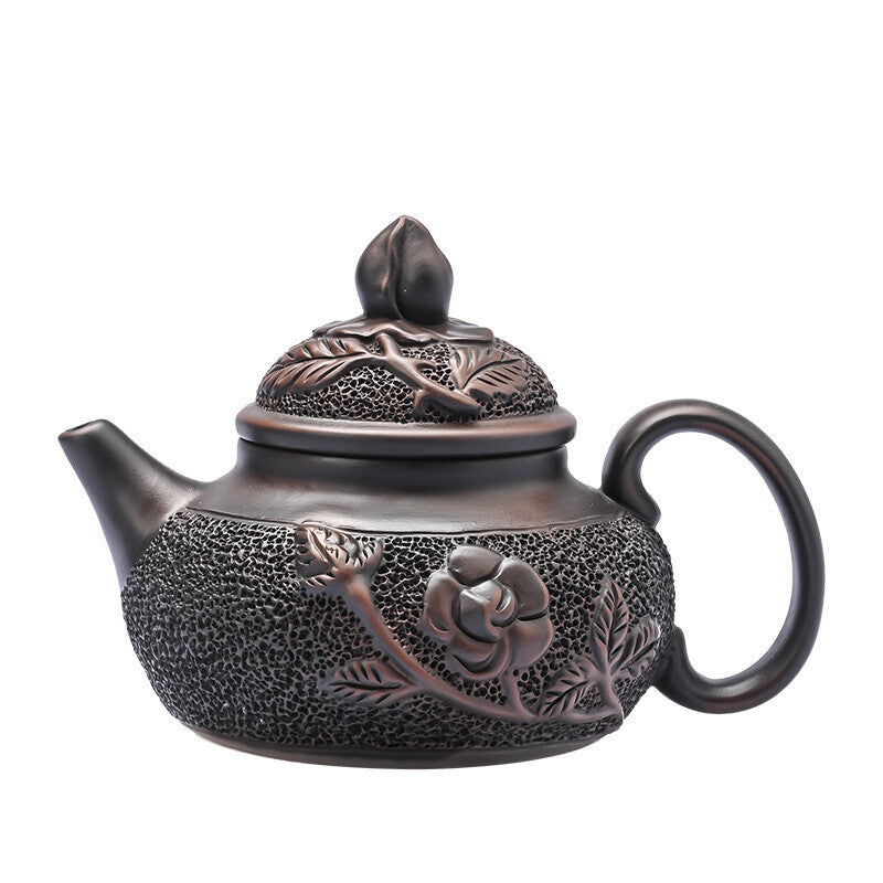 Purple Pottery Teapot Flower Carved Chinese Handmade Pot Marked 190ml Master Pot