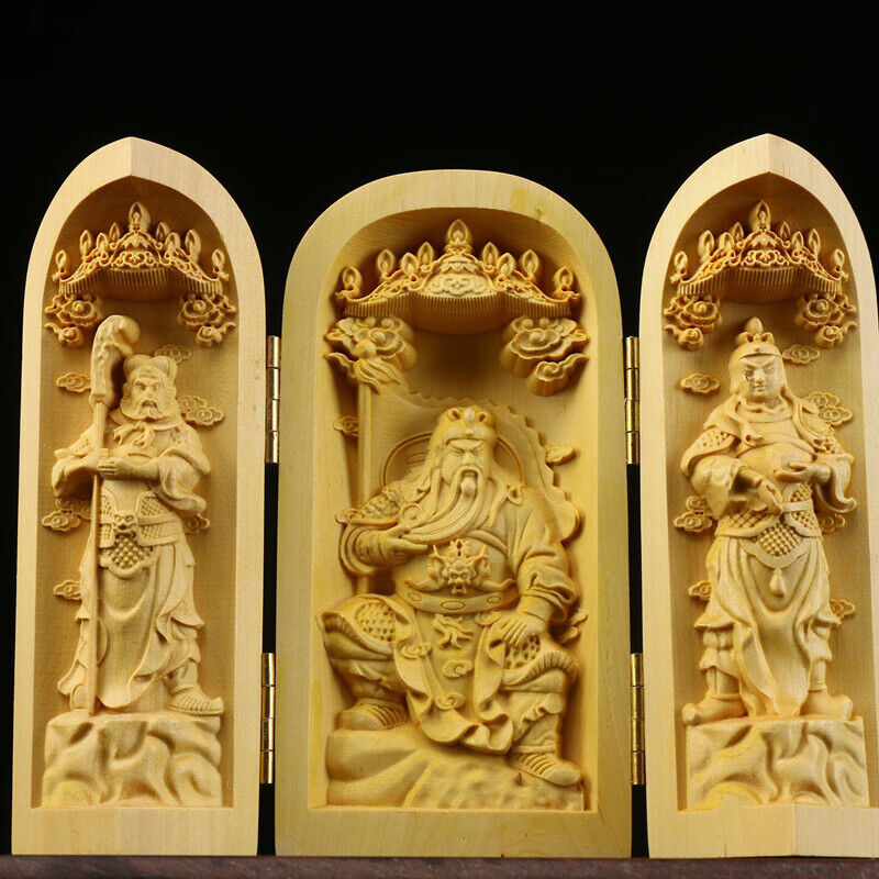 Buddha Statue Carved Wooden Sculpture Decor Three Open Box Home Ornaments NEW