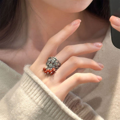 Vintage Chinese Bat Ring Red Agate Bead Hollow Silver Adjustable Retro Band