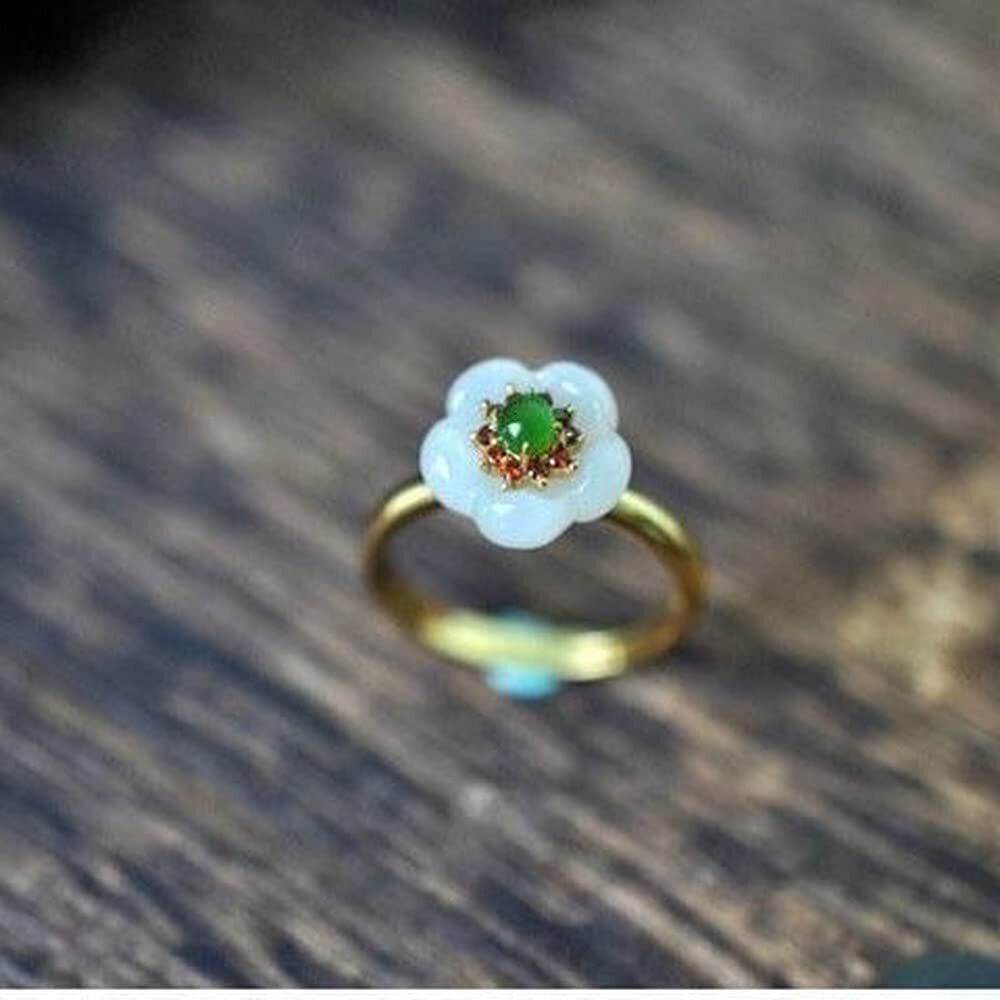 New Natural White Jade Flower Ring Women Adjustable Jewelry