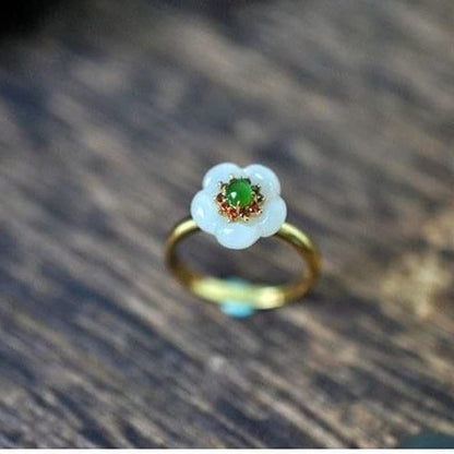 New Natural White Jade Flower Ring Women Adjustable Jewelry