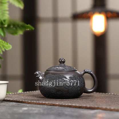 True Yixing Zisha Clay Tea Pot Marked Mountain Carved Handmade Master Pot 300ml