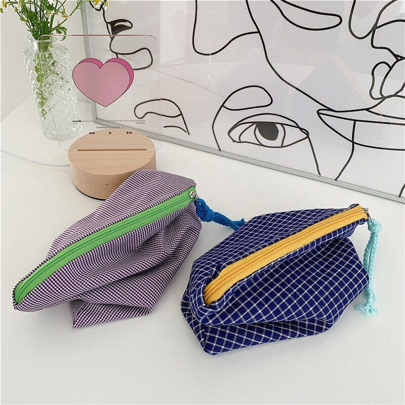 Plaid Cosmetic Bag Cotton Fabric Women Travel Makeup Zipper Pouch Wash Bag 22*17