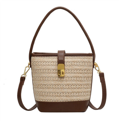 Straw Woven Bucket Shoulder Bags PU Leather Summer Fashion Designer BeachHandbag