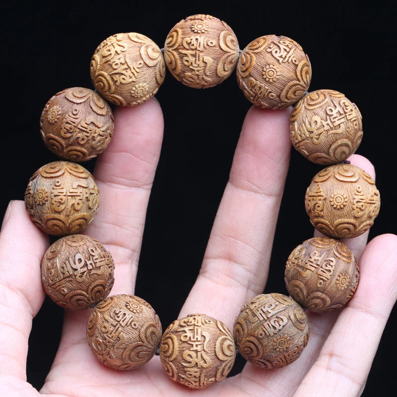20mm Chinese Retro Natural Sandalwood Handmade Carving Beaded Bracelet