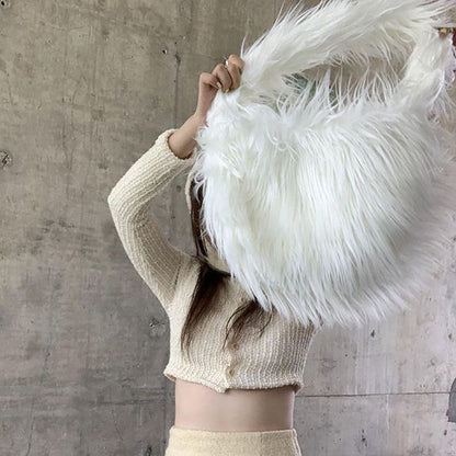 Faux Fur Bag Plush Shoulder Bags Handbag Purse Traveling Single Handle White 1PC
