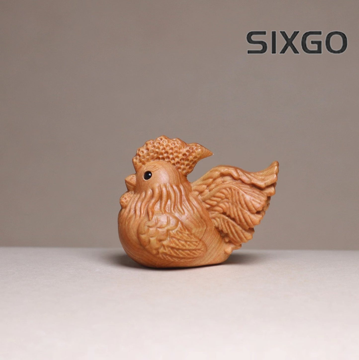 1.77" Miniature Wooden Zodiac Chicken Statue Ornament Solid Wood Carving Decor