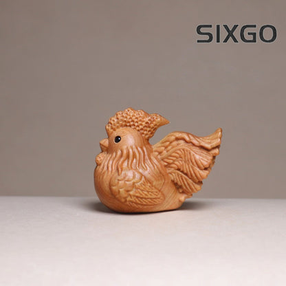 1.77" Miniature Wooden Zodiac Chicken Statue Ornament Solid Wood Carving Decor