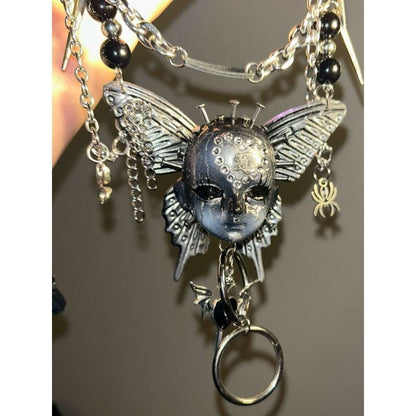 Handmade Silver Gothic Butterfly Doll Head Heavy Metal Choker Necklace