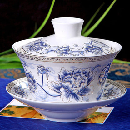 Chinese Tea Cup Gaiwan Tureen Porcelain Handpainted Flower Ceramic Tea Bowl Lid