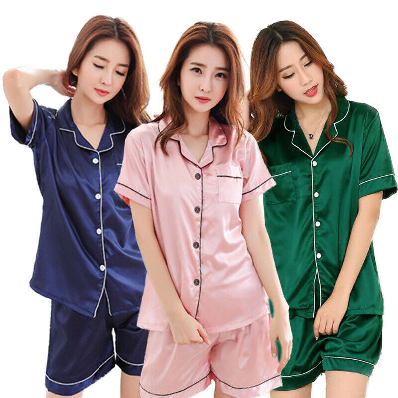 Women Set 2Pcs Satin Pajamas Short Sleeve Button-Down Sleepwear Loungewear Charm
