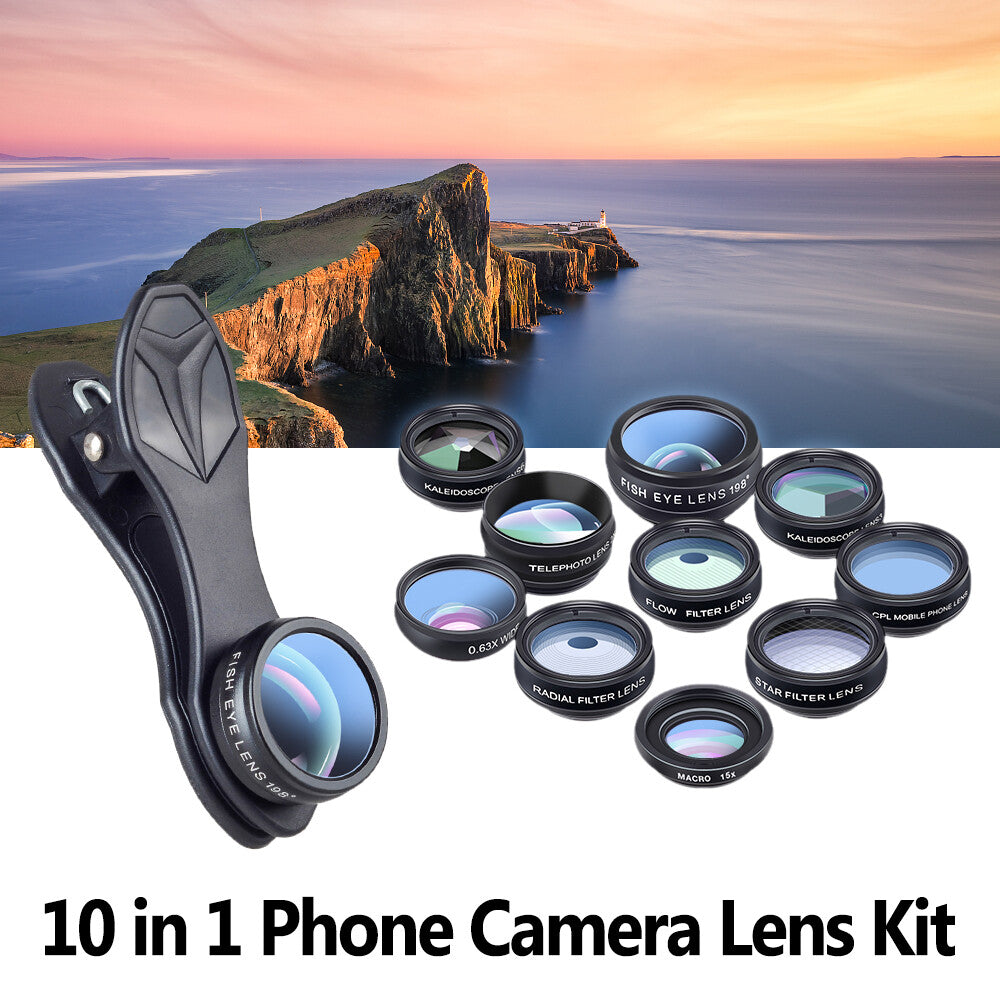 APEXEL 10 in 1 Smartphone Lens Kit Fisheye Wide-Angle Macro Lens CPL Filter 2X
