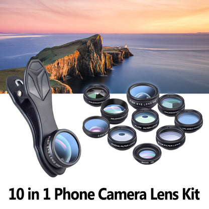 APEXEL 10 in 1 Smartphone Lens Kit Fisheye Wide-Angle Macro Lens CPL Filter 2X