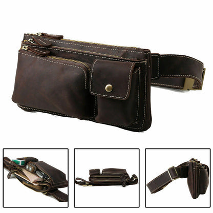 Mens Top Grain Leather Bum Waist Belt Bag Fanny Pack Sports Travel Running Pouch