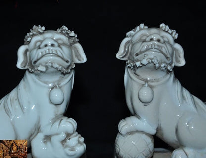 5" China Old Dehua White Porcelain Glaze Fu Foo Dog Lion Beast Statue Pair