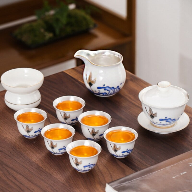 Chinese Tea Set Silver Ceramic Gaiwan Pitcher Matching Tea Cup Filter Net Holder