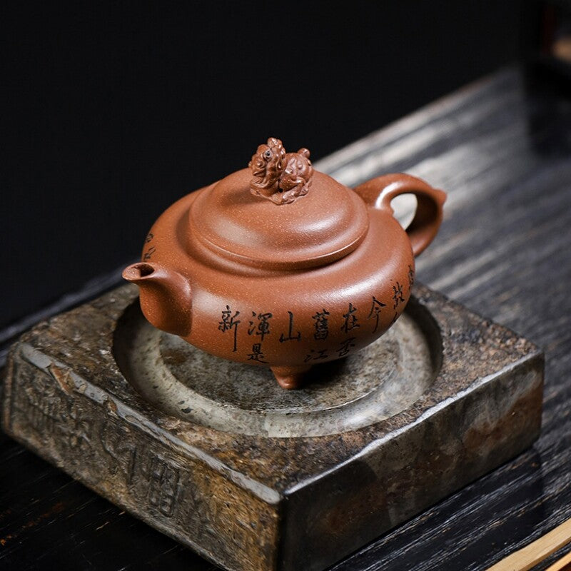 Yixing Aged Duan Clay Kylin Teapot Handcarved Auspicious Triple-foot Collectible
