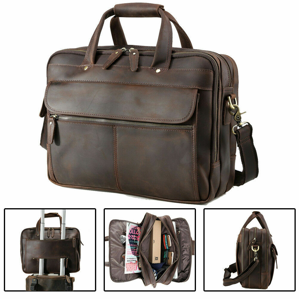 Vintage Men's Leather 15.6" Laptop Briefcases Luggage Shoulder Bags Tote Satchel