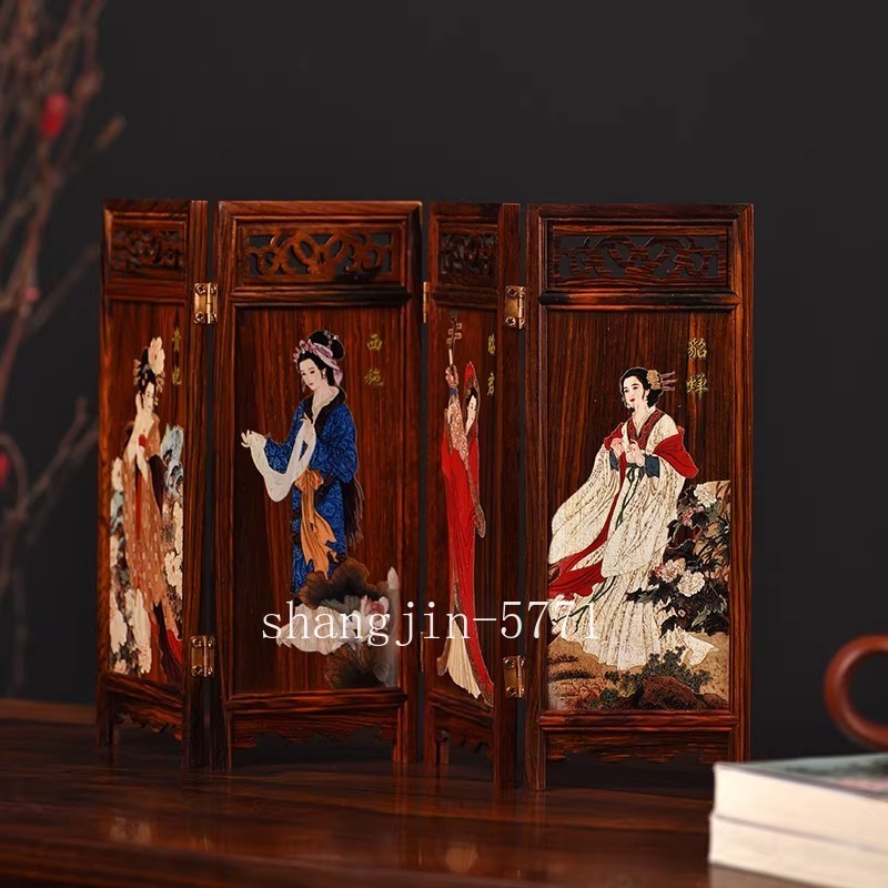 Rosewood Chinese Four Beauty Folding Screen Lacquer Miniature Furniture Panel
