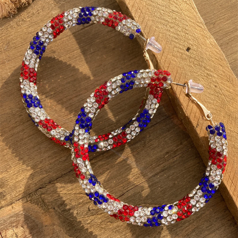 Women Hoop Earrings 35mm Rhinestone Patriotic Girls Fashion Jewelry Holiday Gift