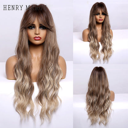 Long Wavy Wigs with Bangs Cosplay Party Synthetic Hair Wigs for Black Women