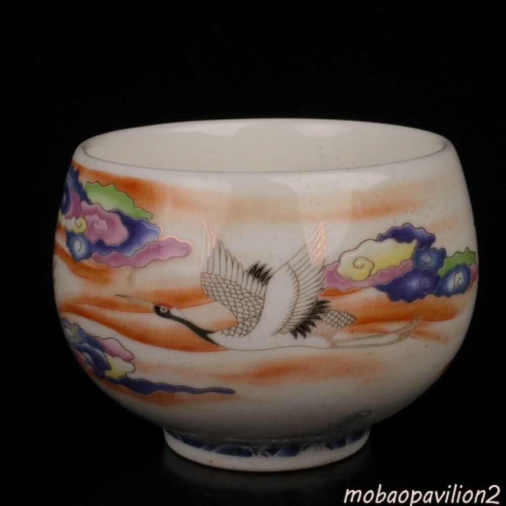 Old Chinese porcelain color Painted Crane Auspicious Cloud Pattern teacup