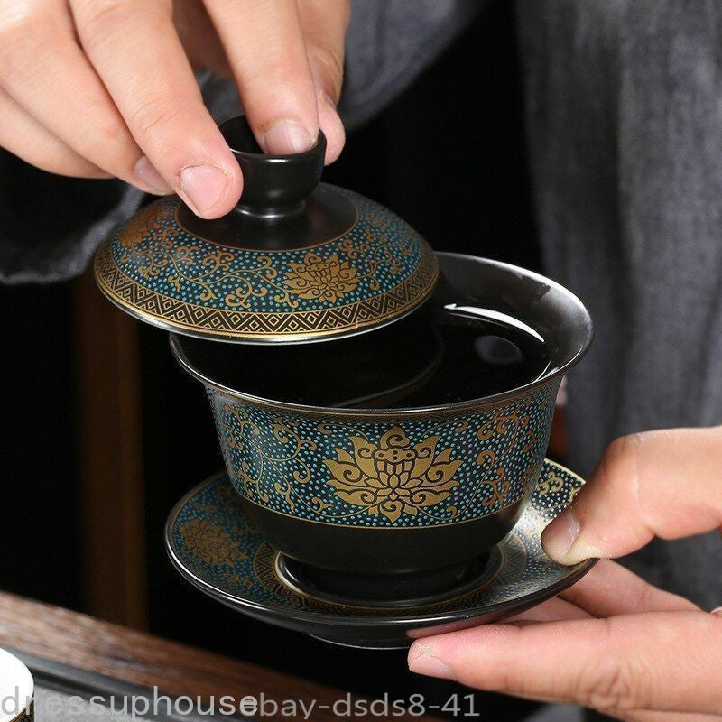 Chinese Tea Set Classical Gaiwan Cup Black Clay 180ml Traditional Handmade Bowl