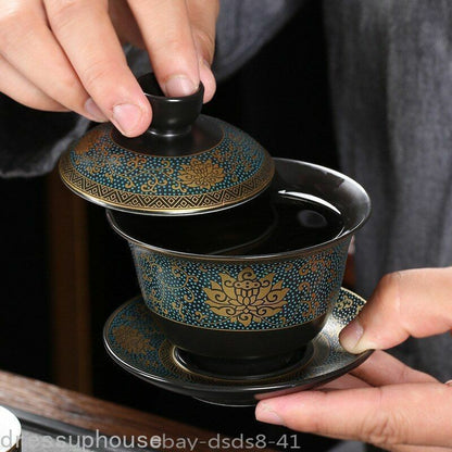Chinese Tea Set Classical Gaiwan Cup Black Clay 180ml Traditional Handmade Bowl