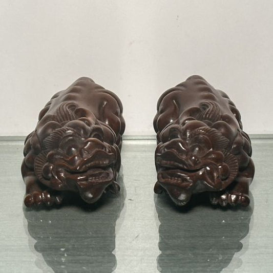 Vintage Wooden Carved Beautiful A Pair Beast Statue Wood Figurine Room Decor Art