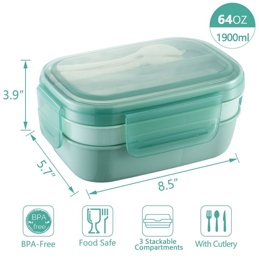 Bento Box 3 Layer Stackable Microwave Lunch Container Cutlery Set 21.5x14.5x10cm