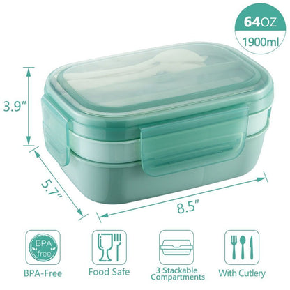 Bento Box 3 Layer Stackable Microwave Lunch Container Cutlery Set 21.5x14.5x10cm