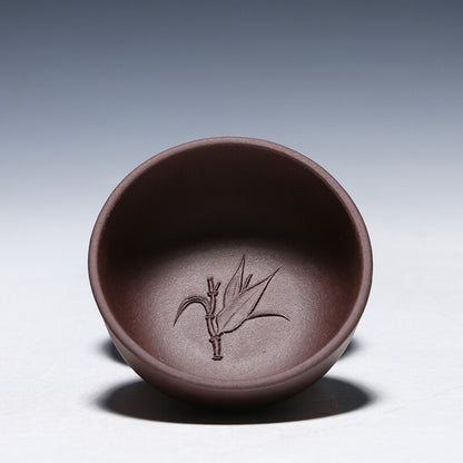 4 Tea Cups 50ml Handmade Bamboo Relief China Yixing Zisha Kungfu Tea Cup Marked