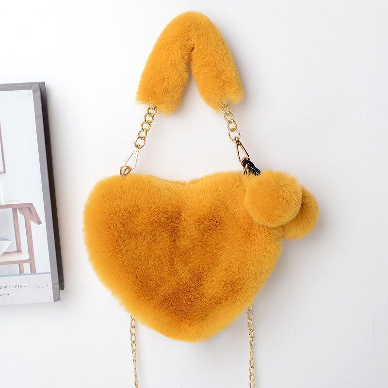 Faux Fur Winter Handbag Heart Shape Shoulder Bag Clutch Purse Chain Velvet Pouch