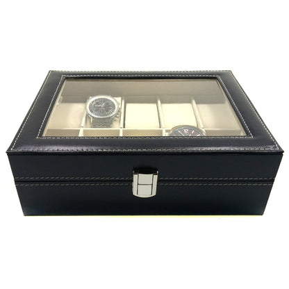 10 Slot Watch Box with Glass Top - Black Faux Leather Display Case Organizer