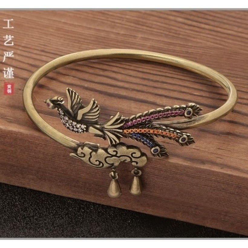 Chinese Style Brass Phoenix Cloud Bracelet Vintage Open Copper Bangle Jewelry