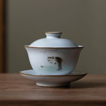 160ml Traditional Ceramic Tureen Bowl Handmade Cat Pattern Gaiwan Cup Tea Set
